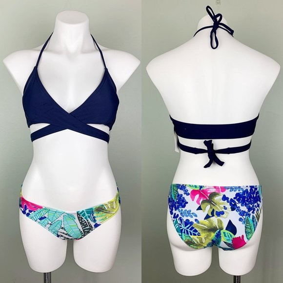 Tropical Palms Navy Halter Cross Wrap Bikini Set - Picture 6 of 8